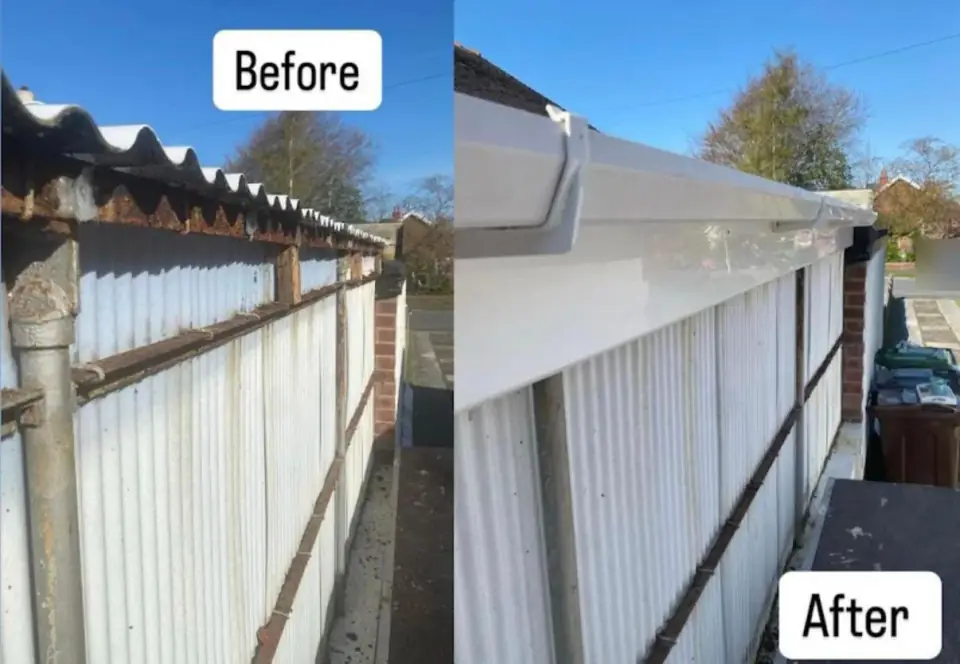 Before and after: a rusted garage roof edge replaced with new white fascia and guttering