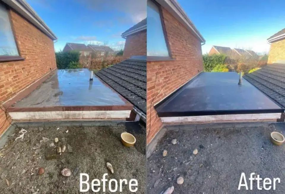 Before and after: a worn flat roof on a brick extension replaced with a new black flat roof
