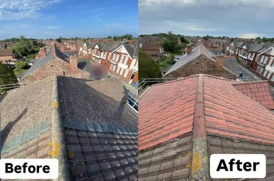 Before and after: a weathered concrete tile roof replaced with new red tiles